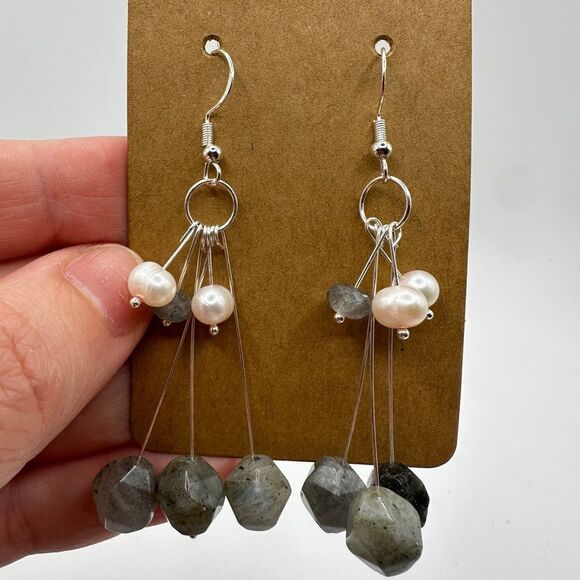 3" long faceted labradorite beads with freshwater pearls dangle earrings! - Picture 3 of 12